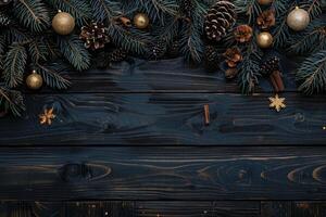 Christmas background with fir tree and decoration on dark wooden board photo