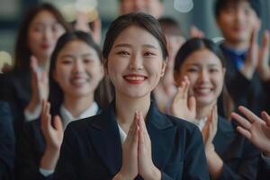 Business team celebrates Asian womans success with applause and cheers. photo