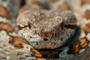 From above closeup of iberian viper with grayish brown skin with dark spots in nature photo