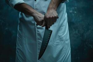 Chef cook holds a knife over dark grey background. photo