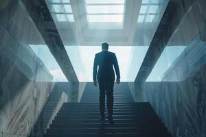 Businessman climbing stairs towards success. photo