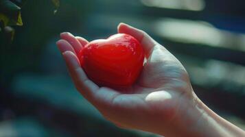 Heart transplant and organ donation concept. Hand is giving red heart. photo