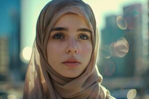 retrato de joven mujer en hijab con urbano antecedentes. foto