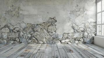 Empty vintage interior with grunge stone wall and wood floor. photo