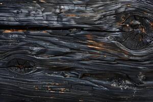 Texture of charred black and dark brown wood with knots. photo