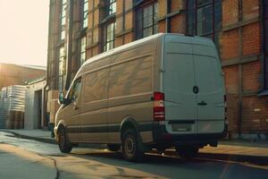 Delivery driver driving van with parcels on seat outside the warehouse photo