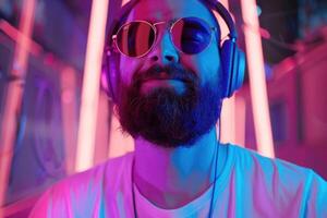 Portrait of smiling man in neon lights listening to music. photo