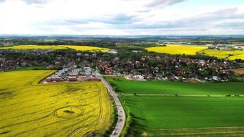 Aerial spring view of a village in field in Czechia video