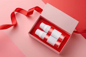 Red gift box with cards cosmetic tube on pink surface. photo