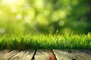 Fresh spring green grass with green bokeh and sunlight and wood floor. Beauty natural background photo