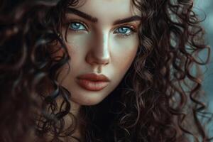 Beautiful brunette model with long shiny curly hair Hair care and beauty emphasized photo