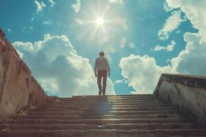 Businessman climbing the old concrete stairs with sky cloudscape sunlight background photo