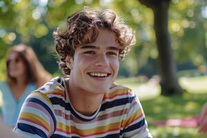 Young man with curly hair having picnic in park with friends. photo