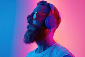 Portrait of smiling man in neon lights listening to music. photo