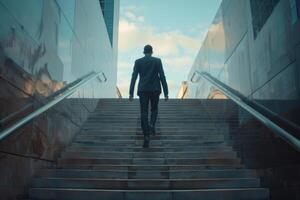 Businessman climbing stairs towards success. photo