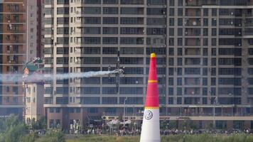 KAZAN, RUSSIAN FEDERATION, JUNE 15, 2019. Sports plane extreme flight at the air show in Kazan. Spectacular stunt of a light aircraft video