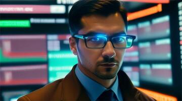 sorridente homem de negocios vestindo legal óculos é negociação ações em uma computador video