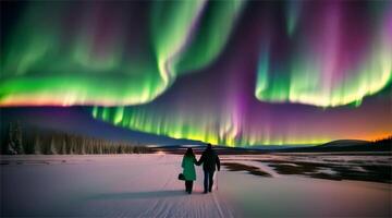 natt skys med silhuetter av människor, par, och företag aktiviteter under de skön aurora borealis. reflekterande de skönhet av natur och med de solnedgång i nyanser av grön. video