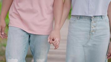 Happy couple walking hand in hand sitting in the park, resting on the wooden bridge in the park in autumn.Concept of expressing love video