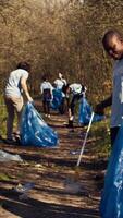 grupp av olika aktivister plockning upp de skräp och plast avfall, samlar och återvinning skräp i de skogen. människor håller på med frivillig arbete till rena de naturlig livsmiljö. kamera b. video