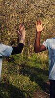 Activists congratulating each other with a high five after a successful teamwork, showing perseverance in collecting rubbish and plastic waste from forest environment. A job well done. Camera B. video