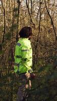 Rescue squad leader guiding route through the woods to collect evidence during searching operation to locate missing person. Shouting individual's name, civil disappeared in a forest. Camera B. video