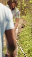 equipo de ambiente activistas excavación agujeros y plantando semillas a crecer más arboles y preservar el natural bosque alrededores. voluntarios trabajando en nutriendo naturaleza y ecosistema. cámara una. video