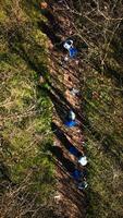 Drönare skott av aktivister team rengöring och återvinning sopor i en skog, arbetssätt på clearing upp de trän område för miljö- skydd. människor med ecologic bevarande värden. video