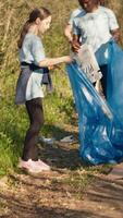 gruppo di volontari Lavorando per pulito il foresta a partire dal spazzatura, raccolta spazzatura e plastica rifiuto nel borse. ambientale attivisti afferrando sciocchezze e raccolta differenziata, supporto ecologico giustizia. telecamera un. video