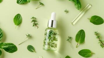 Essential oil. Botanical extract in dropper bottle with green leaves around. Green background. Concept of essence, natural skincare, organic beauty products, aromatherapy, herbal cosmetics. Top view. photo