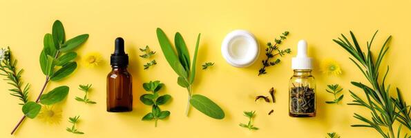 Herbal essences and medicinal plants isolated on yellow background. Essential oils and fresh herbs. Concept of natural healing, homeopathic remedies, herbal therapy, and aromatherapy. Banner photo