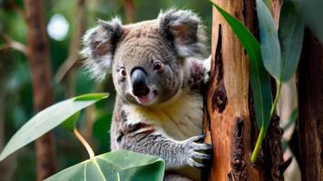 Endearing koala resting amidst eucalyptus foliage. Vibrant close-up of a fluffy Australian marsupial. Concept of wildlife conservation, natural habitats, and adorable animal photo