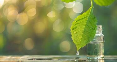 Green leaf with water droplet and a clear bottle. Close-up of dew on foliage and a glass jar. Concept of nature, purity, environmental conservation, water cycle. Bokeh background. Banner. Copy space. photo