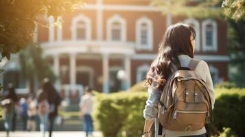 Asian student on campus, backpack on. Back view of young woman. Concept of academic aspirations, higher education, student diversity, new beginnings, and cultural integration. Copy space photo