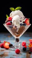 Scoops of assorted ice cream in a glass bowl. Vanilla, strawberry, and chocolate ice cream with cherries. Concept of sweet dessert, variety, and indulgence. Dark background. Vertical. photo