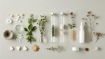 Herbal extracts in glass vials, medicinal herbs, and assorted homeopathic tools on white background. Concept of natural medicine preparation, plant therapy, homeopathic ingredients. Flat lay. photo