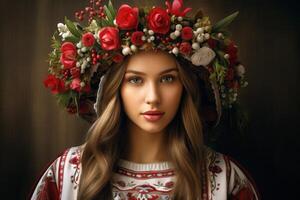 Ukrainian girl adorned with floral wreath. Young lady in traditional Ukrainian attire. Concept of cultural heritage, national costume, folk traditions. Dark background. photo