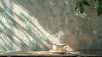 Steaming cup of coffee on wooden table with shadows from window. Cozy breakfast scene with warm sunlight. Serene start of day with hot drink. Concept of calmness, morning routine. Copy space photo