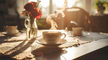 Steaming cup of tea on a lace tablecloth with morning sunlight. Cozy breakfast and home comfort concept. Still life photo for design in cafe menus, posters, and home decor. Warm interior.