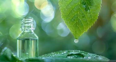 Leaf with a dewdrop and a glass bottle. A single drop of water descending from greenery. Concept of ecosystem, environmental health, pure resources, and natural hydration photo