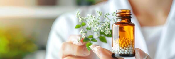 Bottle of homeopathic pellets held by professional homeopath, set against modern background of clinic. Concept of homeopathy, alternative medicine, organic apothecary, naturopathy. Banner. Copy space. photo