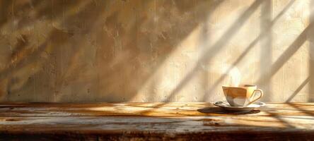 Steaming cup of tea on table with shadows from window. Cozy breakfast scene with warm sunlight. Serene start of the day with a hot drink. Concept of calmness, morning routine. Copy space. Banner. photo