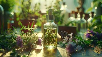 Glass dropper bottle with aromatic essential oil, surrounded by variety of fresh homeopathic herbs on rustic wooden table. Herbal essence. Concept of aromatherapy, natural wellness, plant extracts photo
