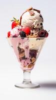 Mixed flavor ice cream served with toppings and cherries. A dessert bowl of cold, creamy delight. Concept of ice cream variety, dessert time, and sweet cravings. White surface. Vertical. photo