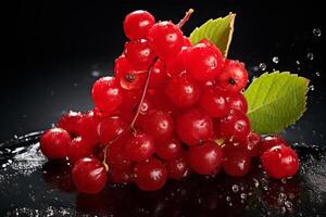 Fresh viburnum berry clusters accompanied by vibrant leaves. Red berries of viburnum on dark surface. Concept of traditional remedies, seasonal fruits, and natural health photo