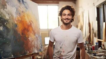 joven sonriente caucásico chico artista siguiente a su obra de arte en un Arte estudio. concepto de artístico talento, multa letras, creativo proceso, interesante pasatiempo, emocionante ocio tiempo, petróleo pintura foto