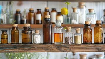 Variety of homeopathic remedies in glass bottles, arranged in an orderly fashion on a wooden shelf. Concept of alternative medicine, organic apothecary, herbal extracts, homeopathy, naturopathy photo