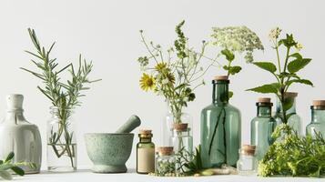 Homeopathic setup, featuring translucent glass vials with vibrant herbal extracts, variety of green medicinal herbs, a porcelain mortar and pestle against pure white backdrop. Homeopathic preparation. photo