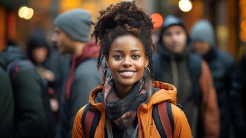 Black female student refugee with a backpack at a university campus. Young woman. Concept of academic aspirations, new beginnings, immigrant education, refugee integration, diversity photo