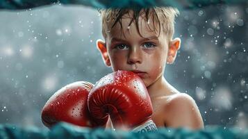 enfocado chico en rojo boxeo guantes. joven Boxer Listo a tren. niño Boxer. concepto de sano estilo de vida, aptitud capacitación, infancia actividad foto